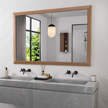Amorho Bathroom Mirror, 50 X30 Inch Wall Mirror, Walnut Wood Grain Metal Framed
