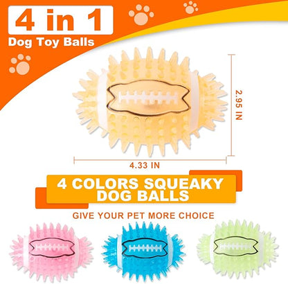 4.3” Dog Squeaky Football Toys 4 Pack, Light up and Durable Spiky Dog Balls for Medium Large Dogs with Rugby Shape, Built-in Squeaker for Teeth Cleaning and Training