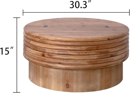30.3" Round Wooden Coffee Table with Hidden Storage,Modern Rustic Centerpiece for Living Room,Natural Finish