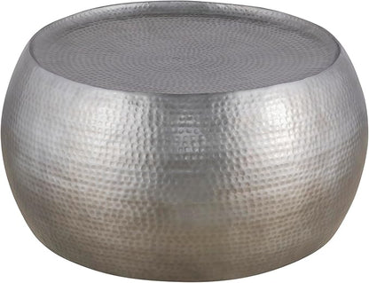 Modern Contemporary Round Aluminum Material 32" Coffee Table and 21" Height End 2PC Table Set with Glossy Hand Hammered Design Antique Silver