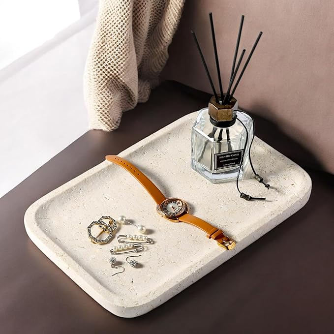 Koville Marble Vanity Tray, 12"x8" Marble Catchall Tray for Countertop Bathroom Kitchen Dresser, Rectangular Decorative Stone Tray for Jewelry Cosmetics Perfume Trinket(Brown)