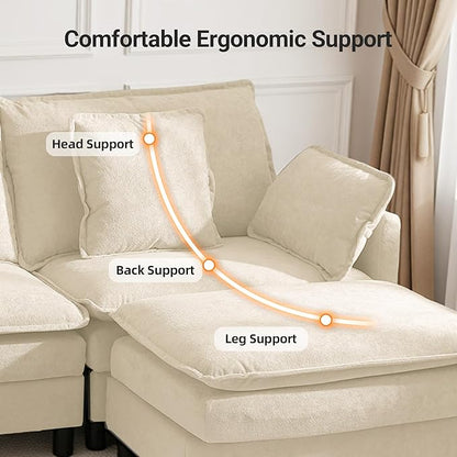Claiks 148" Modular Sectional Sofa, Cloud Couch with Ottoman, U-Shaped 6-Seater Sofa in Chenille Fabric, Deep Seat Comfy Couch with Pillows for Living Room & Offices, Beige