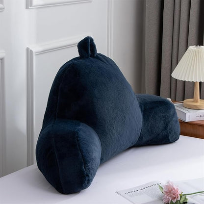 A Nice Night Faux Fur Soft Reading Pillow Bed Wedge Adult Backrest with Arms Back Support for Sitting Up in Bed/Couch for Bedrest,Navy,Large