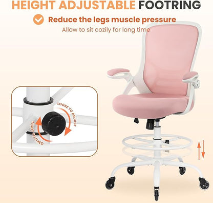HYLONE Drafting Chair Tall Office, Ergonomic Standing Desk Stool Adjustable Drafting Chair Big Tall Drafting Office Chair Pink