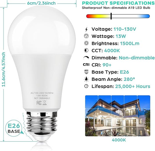 LED Light Bulbs 100W Equivalent 1500 Lumens, A19 13W 4000K Neutral White Non-Dimmable, Super Bright No Flicker Standard E26 Edison Screw Bulbs for Home, Bedroom, Office Lamp, 12-Pack