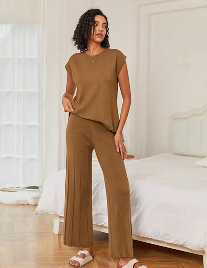 Ekouaer Lounge Sets for Women Two Piece Outfits Knit Cap Sleeve Tops Wide Leg Pleated Pants Casual Dressy Sweater Sets