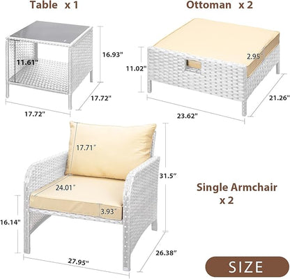 LEVELEVE Balcony Furniture 5 Piece Patio Conversation Set, PE Wicker Rattan Outdoor Lounge Chairs with Soft Cushions 2 Ottoman&Glass Table for Porch