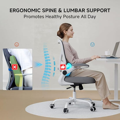 PKPT Mesh Office Chair, 330LBS Ergonomic Desk Chair with Adjustable Lumbar Support, Executive Computer Chairs for Home Office, White and Gray