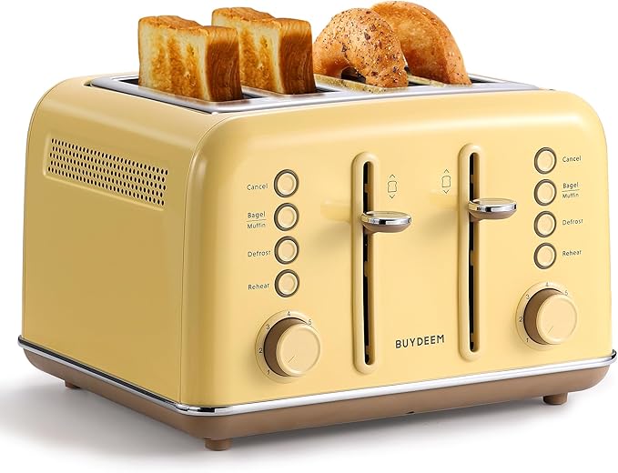 BUYDEEM DT640 Retro 4 Slice Toaster, 7 Shade Settings, Extra Wide 1.5'' Slots