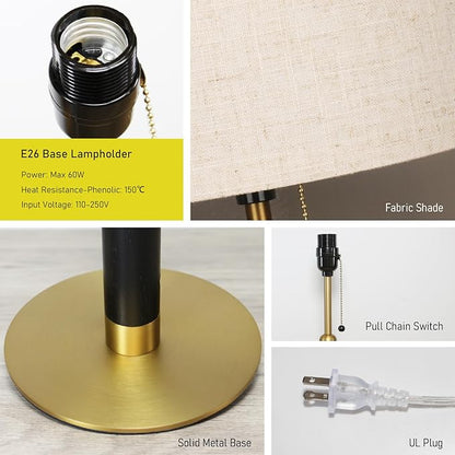 18.9" Modern Table Lamp Bedside Lamps for Nightstand Lamp for Bedroom Living Room End Tables 3-Color Night Light Pull Chain Switch Wood Fabric for Home Office Dorm Decor (Light Brown+Brass)