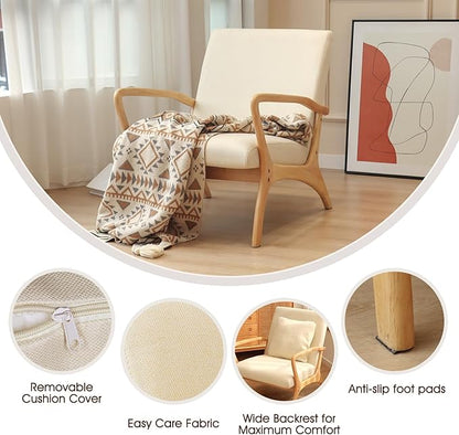 ELUCHANG Accent Chair with Lumbar Pillow,Mid-Century Modern Armchair, Linen Fabric Comfy Reading, Lounge Side Chair for Living Room Bedroom Apartment,Easy Assembly(Beige)