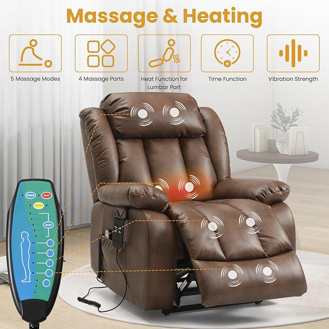 PARKOL Dual Motor Power Lift Recliner Chair for Elderly, 180-Degree Infinite Position Lay Flat Leather Recliner Chairs, with Massage and Heating, USB & Type-C Port and Remote (Ochre, Medium)