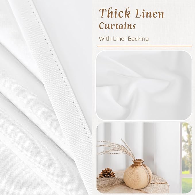 LAMIT White 100% Blackout Linen Curtains, 72 Inches Linen Textured Living Room