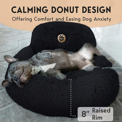 PetJett Calming Dog Bed for Small Dogs – 23" Donut Dog Beds, Anti-Slip & Washable Fluffy Plush Faux Fur Pet Bed, Anti-Anxiety Premium Comfort Round Puppy Bed, Fits Dogs up to 25 lbs – Black