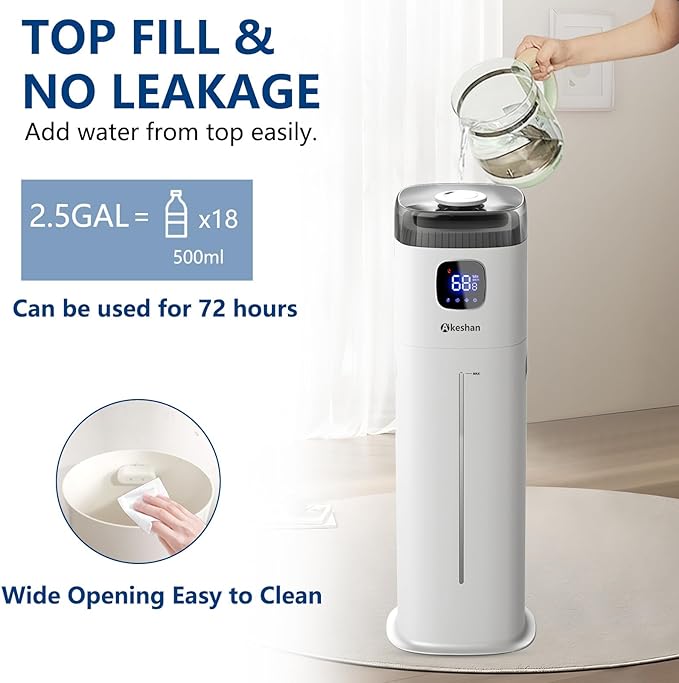 Akeshan Large Humidifier for Bedroom, 9L/2.5Gal Ultrasonic Cool Mist, Easy Clean