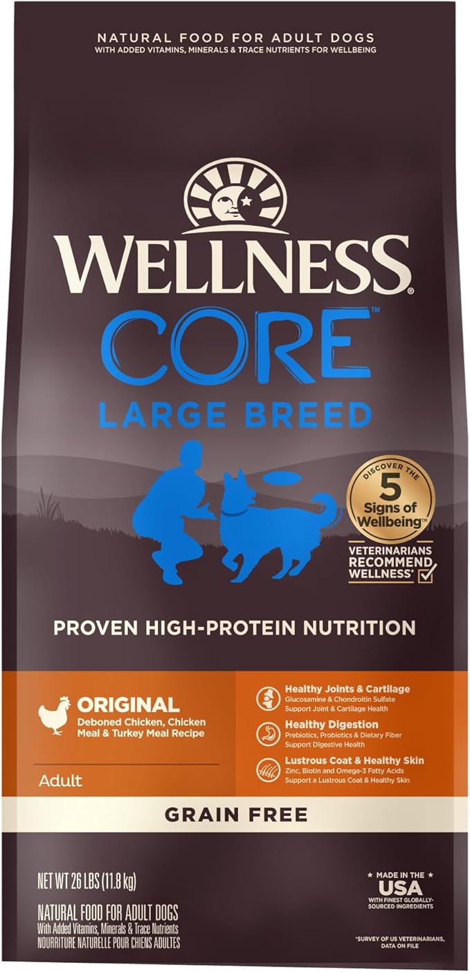 Wellness CORE Dry Dog Food, Large Breed, Grain-Free, High Protein, Natural, Original Chicken & Turkey Recipe, (26-Pound Bag)