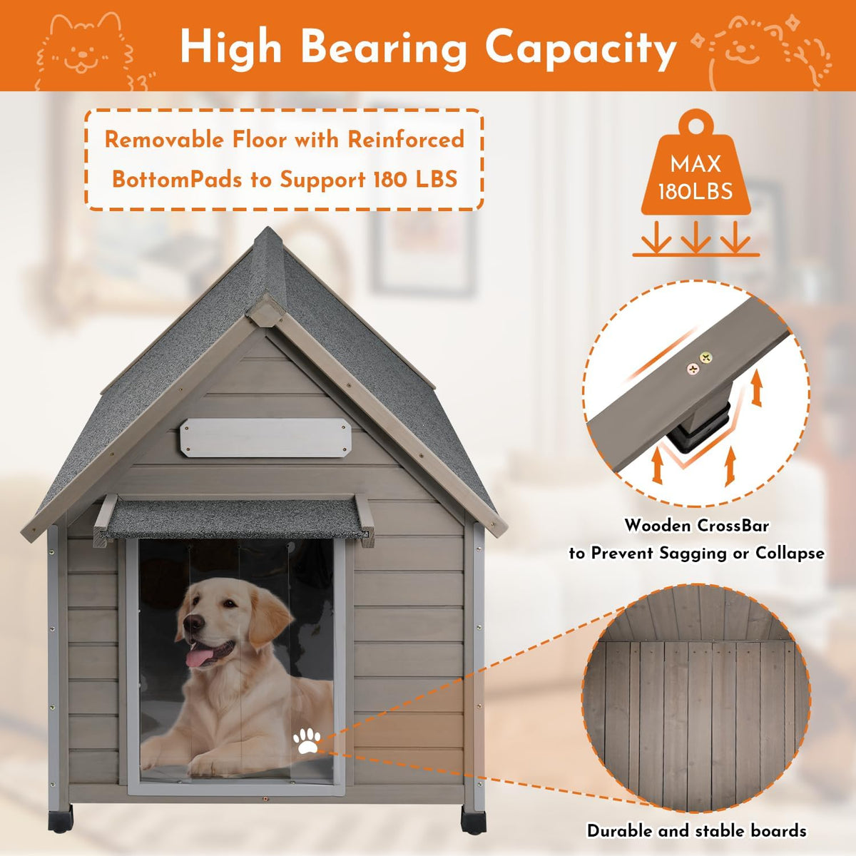 Outdoor Dog House Weatherproof Large Wooden Dog Kennel Indoor for Small Dogs with Chew-Proof Frame, Oxford Fabric Window, Removable Floor Pet Shelter (Grey, 30.5" D x 37.4" W x 39.3" H)