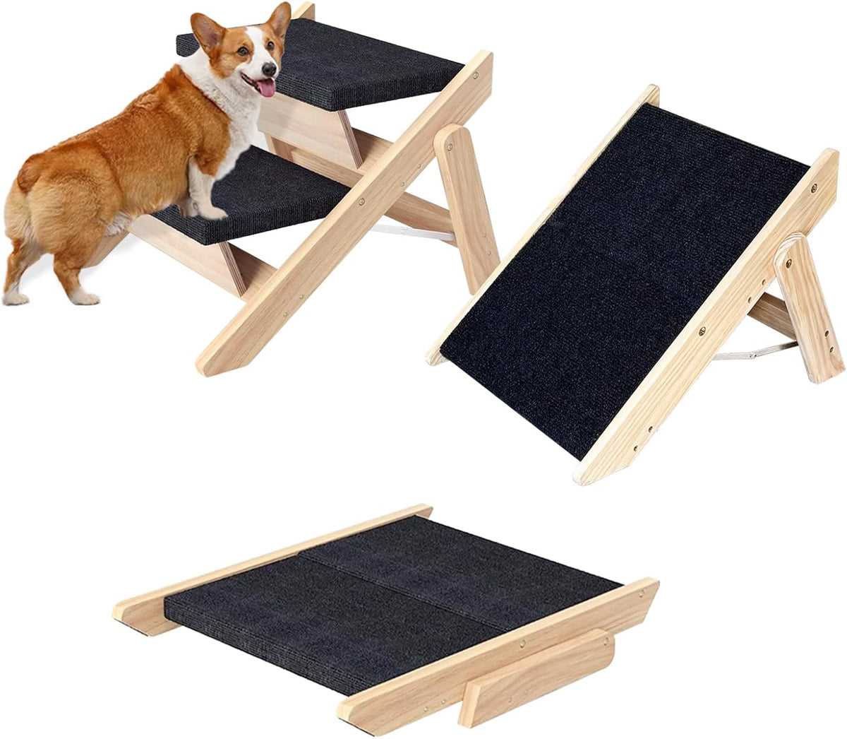 Dog Stairs/Ramp for Bed, Wooden Convertible Pet Steps, Portable Dog Ladder Up to 180 Pound for Elderly/Short-Legged Dogs, 2 Steps for Beds, Couch, Cars