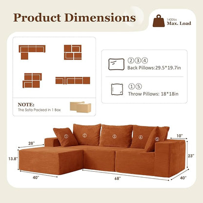 INGEROOM 108" Cloud Sectional Couch with Deep Seat, Modular Sofa Memory Foam, Boneless Sofa with Movable Ottoman, Upholstered Couches for Living Room Bedroom, No Assembly Required, Orange