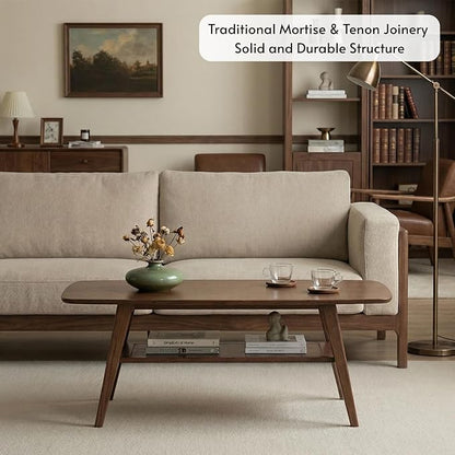 Hymus Solid Wood Coffee Table - 2-Tier Modern Center Table, Living Room Tables with Double Storage for Living Rooms, Bedrooms, and Offices (Walnut, 39.37" D x 19.69" W x 17.32" H)