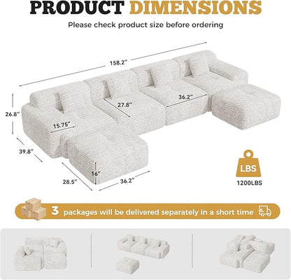158" Modern U Shaped Modular Sectional Sofa, Boneless Couches for Living Room with Ottoman,6 Seater Convertible Chenille Cloud Couch Sofa Set, No Assembly Required, Beige 1 PCS