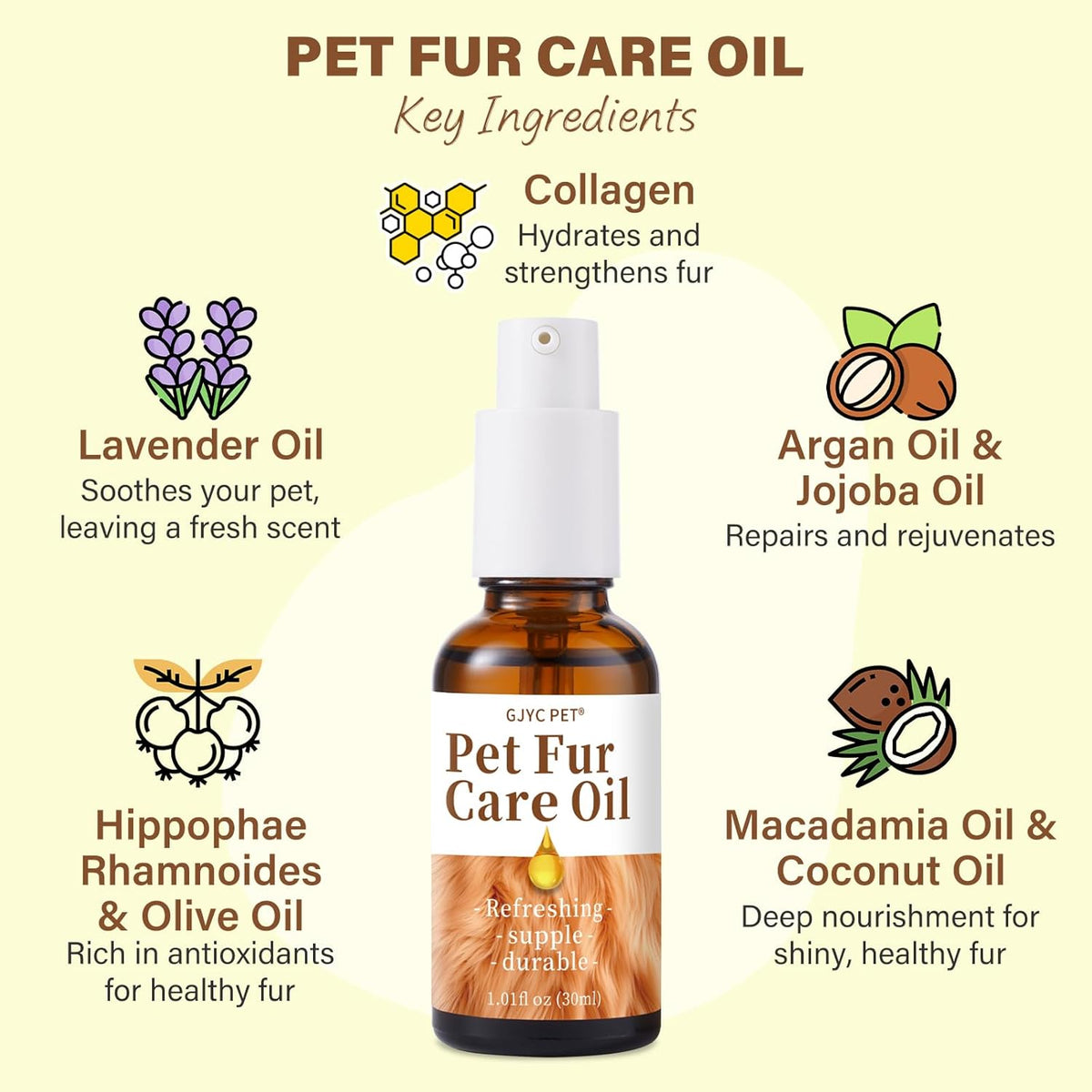 Pet Fur Care Oil - Detangles, Reduces Shedding - Adds Shine with Collagen & Natural Oils - Leave-in Conditioner for Dogs & Cats - 1.01 fl. oz