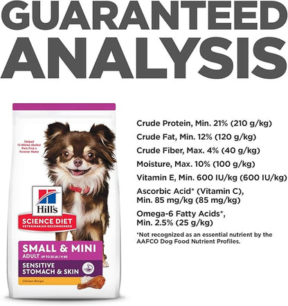 Hill's Science Diet Sensitive Stomach & Skin, Adult 1-6, Small & Mini Breeds Stomach & Skin Sensitivity Support, Dry Dog Food, Chicken Recipe, 15 lb Bag