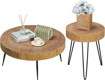 RUSTOWN Farmhouse Round Coffee Table Set of 2, Natural Wood Finish with Unique Ring Design, Modern Circle Side and End Table Sets for Living Room, Natural