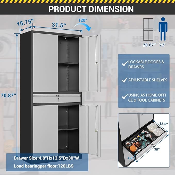 71" Metal Cabinet-Black&Gray Heavy Duty Storage File Cabinet Steel Tool Cabinets