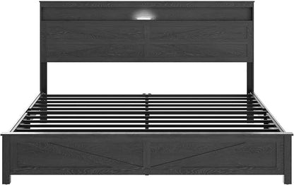 Farmhouse Wooden Bed Frame King Size with Storage Headboard, Boho Platform Bedframe with LED Lights and Charging Station, Metal Slats Support, No Box Spring Needed, Black