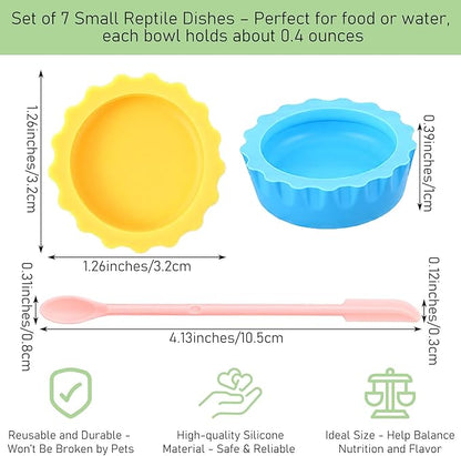 9 PCS Crested Gecko Food and Water Bowl Reusable Small Reptile Feeding Dish Gecko Tank Accessories for Hermit Crab Tarantula Isopods Lizard Easy Clean Silicone 7 Colors Includes Spoon