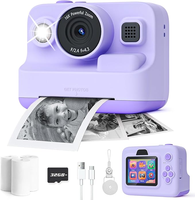 Instant Print Camera for Kids,2.4 Inch Screen Kids Instant Cameras, Christmas Birthday Gifts for Girls Age 3-12, Portable Toddler Toy for 3 4 5 6 7 8 9 10 Year Old Girls Boys Purple