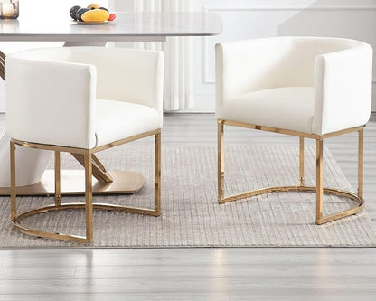 VESCASA Faux Leather Upholstered Dining Chairs with Barrel Back, Modern Padded Restaurant Chairs with Gold Metal Frame for Kitchen, Dining Room, Set of 3, White