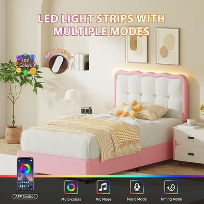BarnFurin Twin Bed Frame with LED Lights, Twin Size Bed Frame with Cloud Headboard LED Lights, Cloud Bed with Headboard for Kids, No Box Spring Required, Easy Assembly, Pink