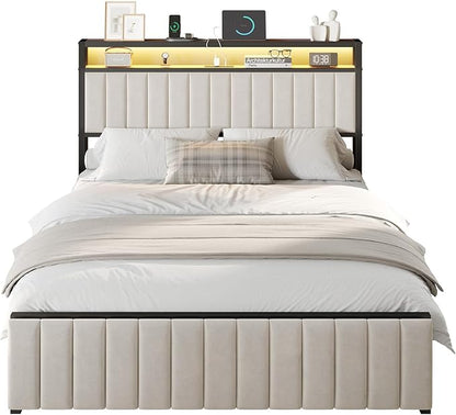 Queen Bed Frame with Folding Bench and Charging Station, Velvet Upholstered Headboard with LED Light and Storage Shelf, Heavy Duty Metal Slats/No Box Spring Needed/Easy Assembly, Beige