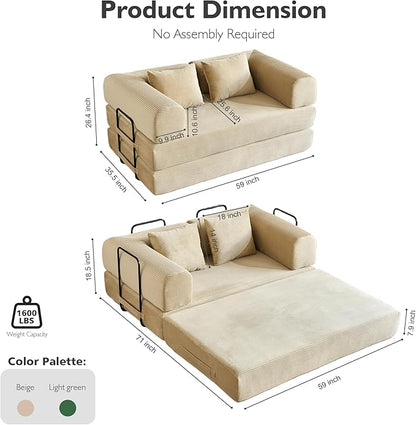 59 Inch 5-in-1 Convertible Sofa Bed, Corduroy Boneless Floor Couch with Fixed Frame & Pillow, Modular Folding Mattress Lounger for Small Space, Living Room, Bedroom - Easy Assembly(Beige)