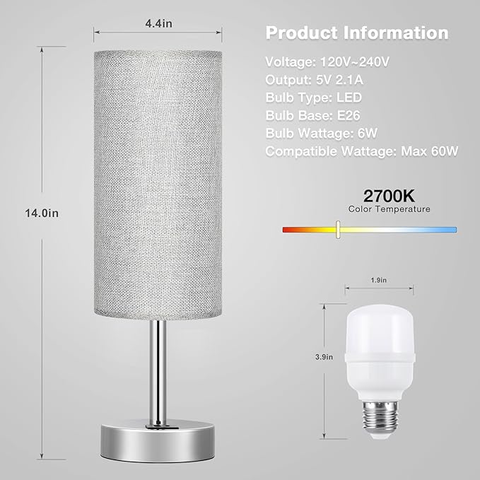 Grey Touch Nightstand Lamps for Girl - Small Bedside Lamp with USB-C and USB Charging Ports, 3 Way Dimmable Control Table Lamp for Living Room Office, Dorm, Reading with Fabric Shade Silver Base