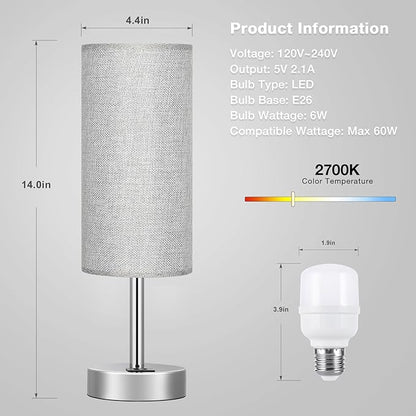 Grey Touch Nightstand Lamps for Girl - Small Bedside Lamp with USB-C and USB Charging Ports, 3 Way Dimmable Control Table Lamp for Living Room Office, Dorm, Reading with Fabric Shade Silver Base