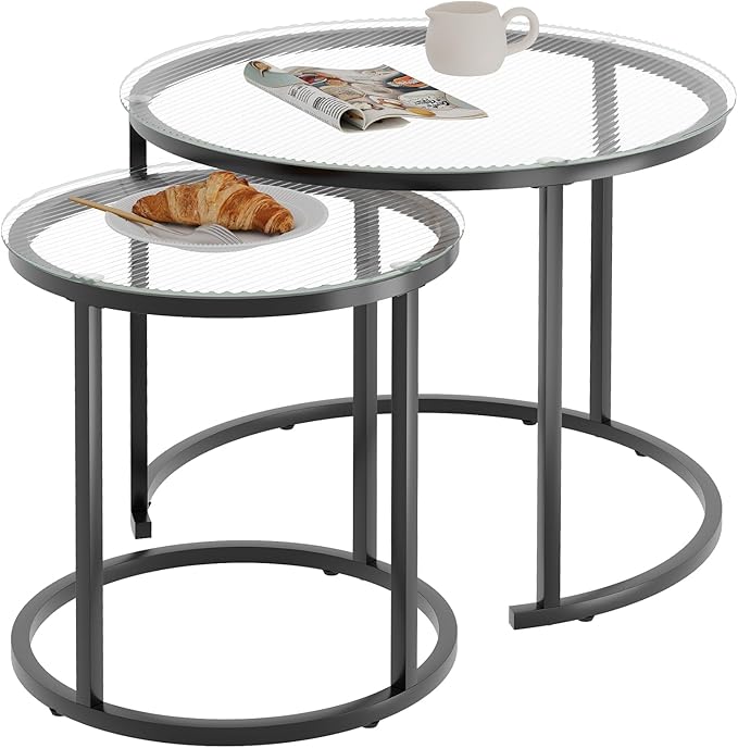 aboxoo Gold Nesting Coffee Table Set of 2, Small Glass Round Nesting Tables for Living Room Bedroom, Accent Tea Table with Black Metal Frame Modern Industrial Simple