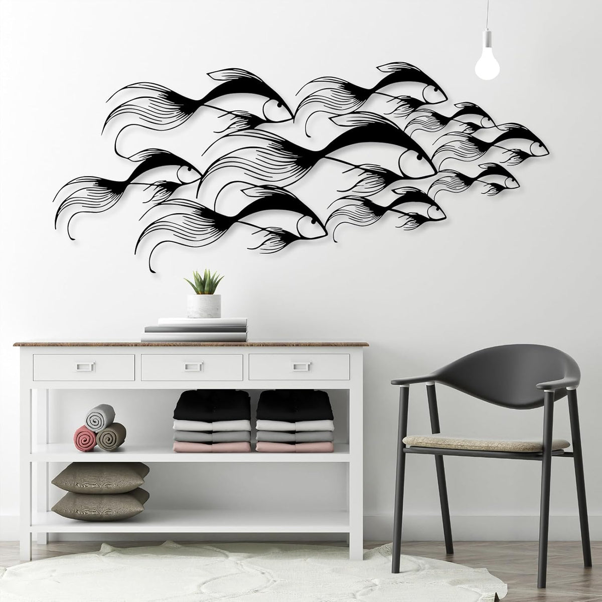 School of Fish Metal Wall Art, Metal Fish Wall Decor, Sea Life Wall Art, Large Nautical Wall Hanging, Modern Beach House Wall Decor, Ocean Themed Artwork for Bathroom (Silver, 59"x25" | 150x64cm)