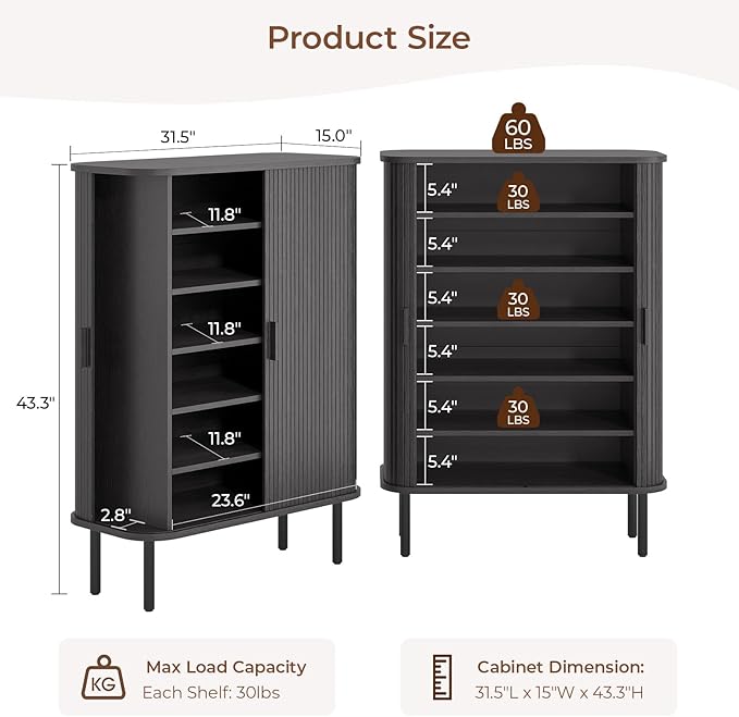 Shoe Storage Cabinet with Adjustable Shelves, 6-Tier Mid-Century Modern Shoe