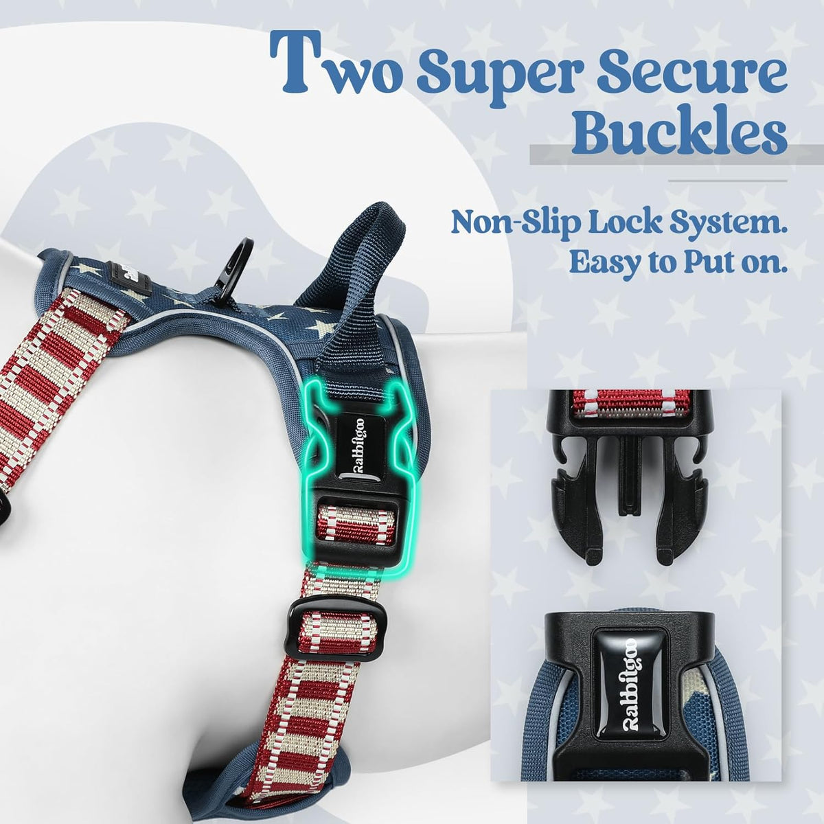 rabbitgoo Dog Harness No Pull with 2 Leash Clips, Adjustable Soft Padded, Reflective Oxford No Choke Pet Vest with Easy Control Handle for Large Dogs, Blue Star, S