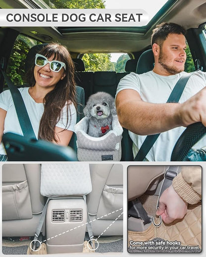 PETSFIT Small Dog Car Seat with Washable Cushion, Soft Pillow, Safety Leash | Dual Seat-rail Hooks with Adjustable Straps Help Reduce Shifting, Console Dog Car Seat for pets Under 8 lbs, Light Grey
