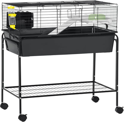 PawHut Two-Story Small Animal Cage Removable from Stand, Guinea Pig Cage with Shelf & Wheels, Pet Habitat for Hedgehog, Chinchilla, Ferret, 33" x 18.5" x 35", Black