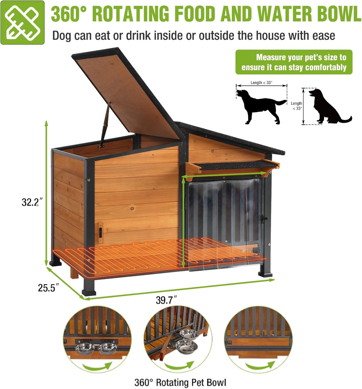 GUTINNEEN Heated Dog House Outdoor Dog Kennel with Safe Heated Pad, Chew-Proof Metal Frame and Rotating Food Bowl for Small to Medium Dogs, 39.7"x25.5"x32.2" (Dark Brown)