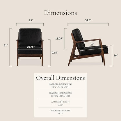 Poly & BARK Verity Leather Accent Chair – Armchair with Walnut Wood Frame – Fashion-Forward Lounge Seating for Living Room – Upholstered in Onyx Black Leather for Modern Style