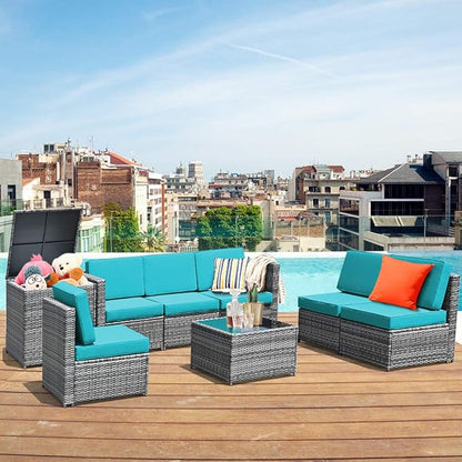 HAPPYGRILL 8-Pieces Patio Furniture Set Outdoor Rattan Conversation Set with Storage Box Sectional Wicker Sofa Set with Coffee Table and Cushions for Garden Backyard