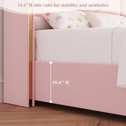 HITHOS Twin Upholstered LED Bed Frame with Storage Drawer, Velvet Kids Bed with Wingback Headboard, Princess Twin Platform Bed for Girls/Kids, Solid Wood Slats Support, No Box Spring Needed, Pink