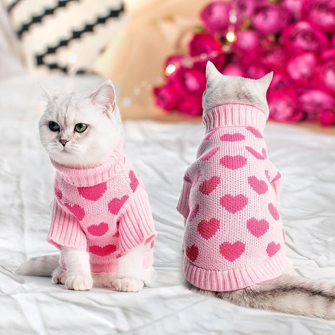 KOOLTAIL Cat Sweater Turtleneck- Soft Pink Knit Cat Sweaters for Cats Only, Heart Love Pattern Thick Warm Cold Weather Clothes, Valentine's Day Pet Outfit for Small Medium Size Kitten Puppy Girls S