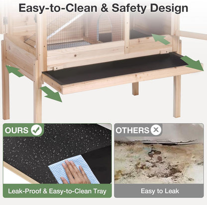 Guinea Pig Cage with Wooden Stand - Hamster Cage, Small Animal Cage Anti Chew Ramp, Hideout, Platform, Pull Out Tray (Wood, L)